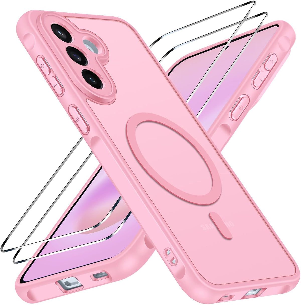 ivoler Magnetiskt fodral f?r Samsung Galaxy A57 5G med 2 delar h?rdat glas, kompatibelt med MagSafe, [milit?rskydd] rept?ligt genomskinligt matt silikonfodral, rosa