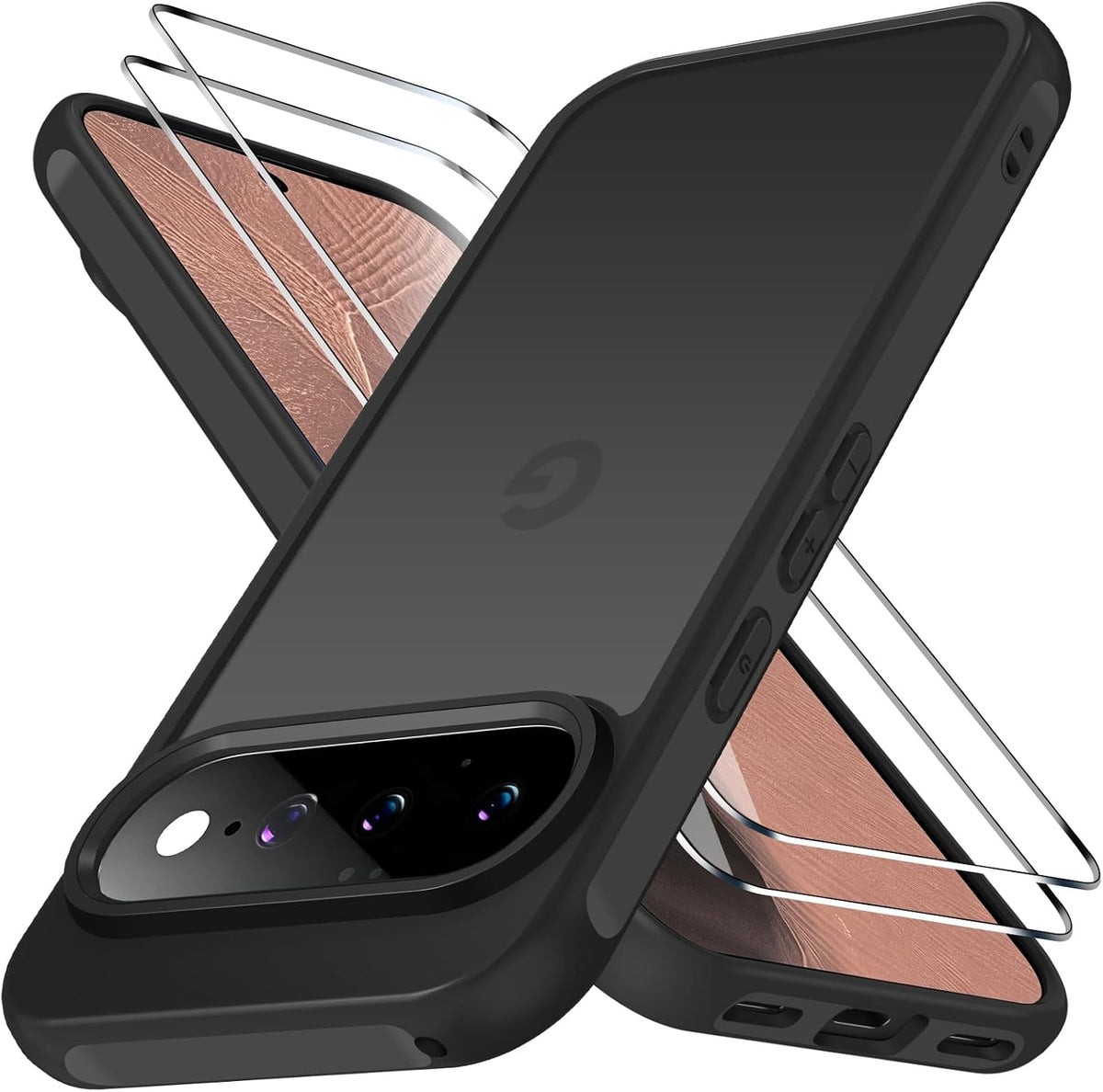 ivoler Matte Black Case for Google Pixel A with 2 Pieces Tempered Glass, [Military Protection] Protective Case Anti-Shock Back Translucent Anti-Fingerprint Anti-Scratch Bumper Case