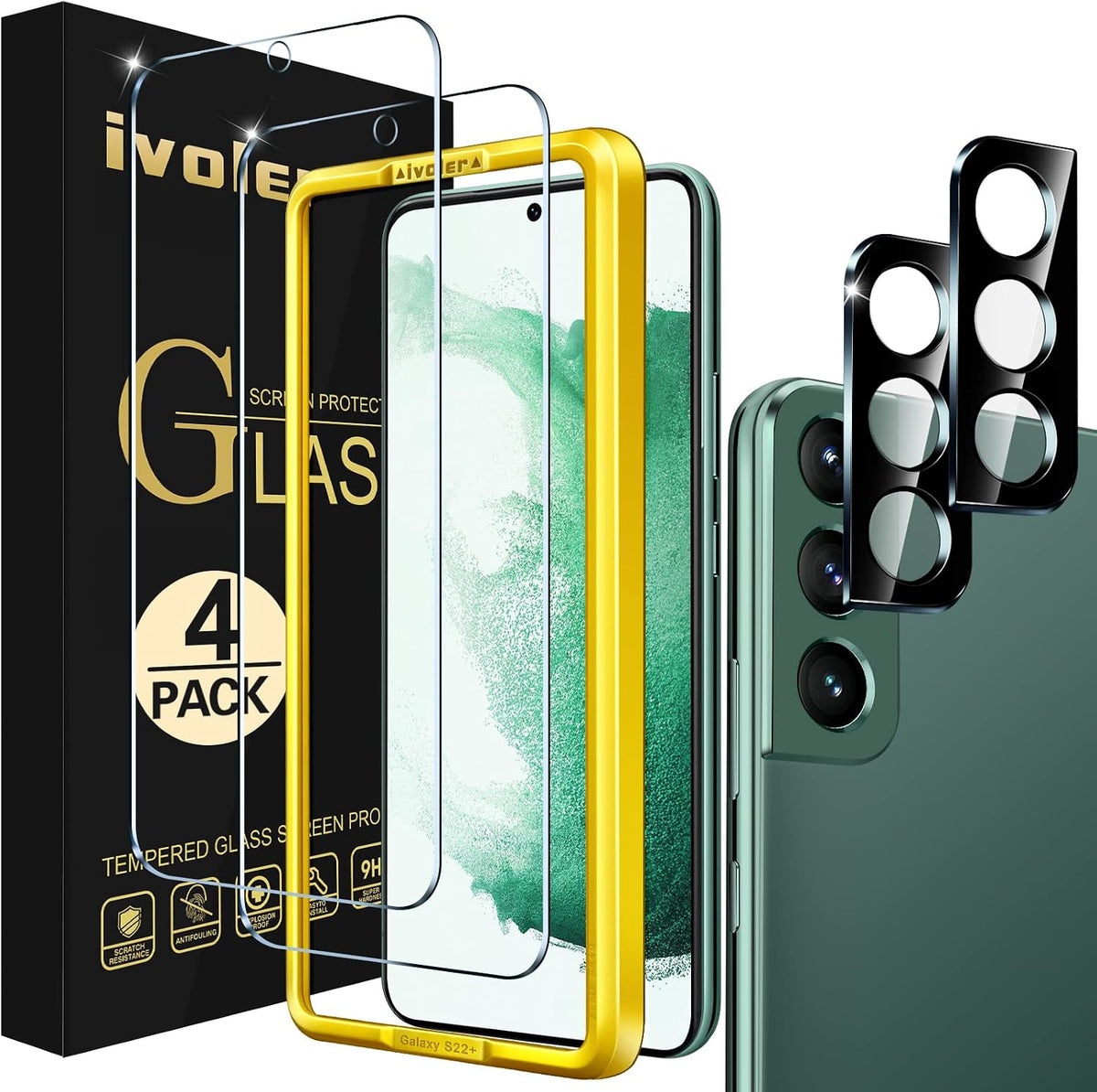 ivoler 4 Pack Screen Protector Compatible with Samsung Galaxy S22 5G/4G,2 Pack Tempered Glass and 2 Pack Camera Lens Protector with Easy Installation Frame,HD Clear Anti-scratch Anti-fingerprint
