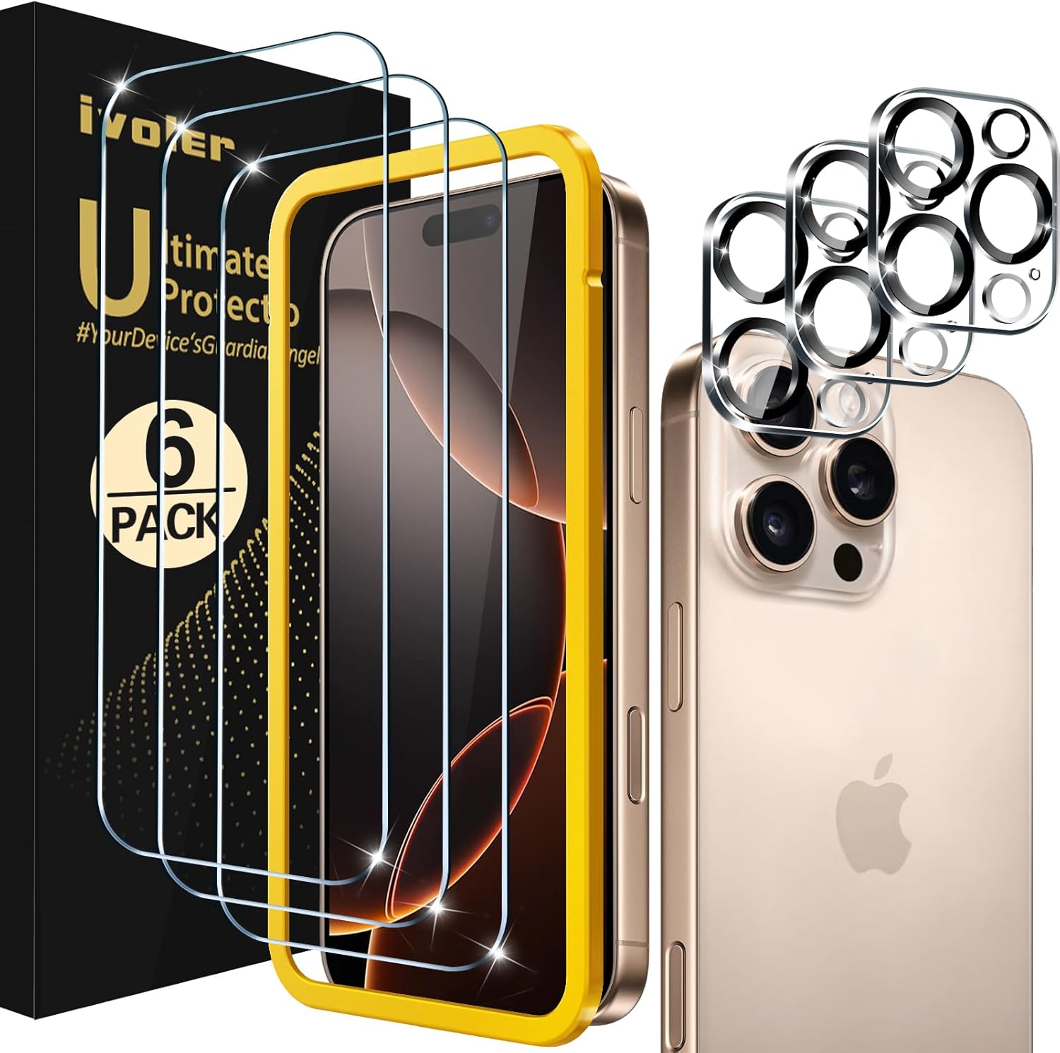 ivoler 3+3 Pack Tempered Glass for iPhone 16 Pro Max 6.9" Screen Protector with Camera Lens Protector with [Alignment Frame], Anti-Scratch Case Friendly Transparent HD Clear Film