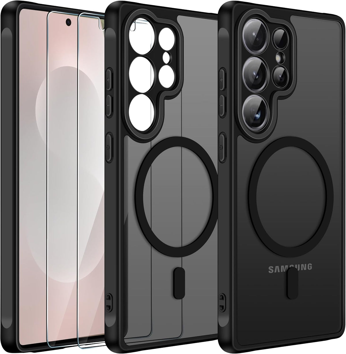 ivoler Magnetic Case for Samsung Galaxy S25 Ultra, 1 Phone Case with 2-Pack Tempered Glass Screen Protectors [Military Grade Protection] Translucent Matte Back Case Slim Silicone Protective, Black