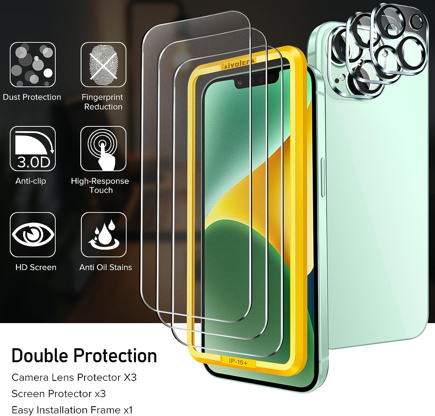 ivoler [3+3 Pack Tempered Glass for iPhone 15 Screen Protector 6.1'' [3 Pack] with [3 Pack] Camera Lens Protector with [Alignment Frame]
