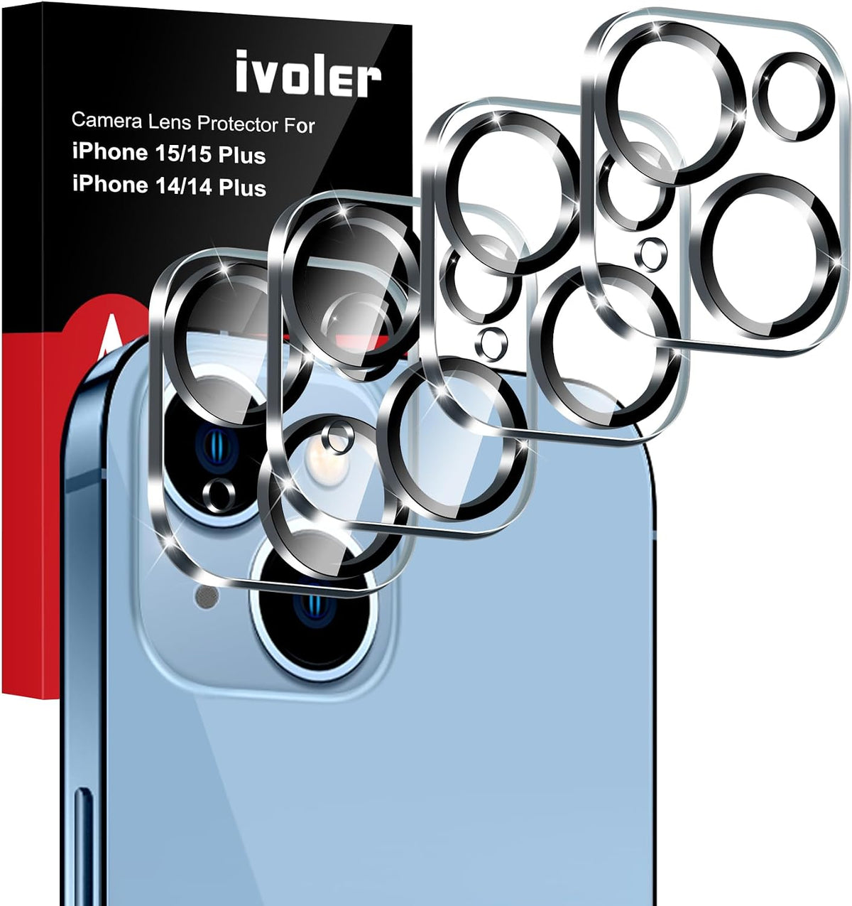 ivoler 4 Pack Camera Lens Protector Compatible With iPhone 15/15 Plus, for iPhone 14/14 Plus Screen Protector Tempered Glass, Case Friendly [New Version], Anti-Scratch, Easy Installation