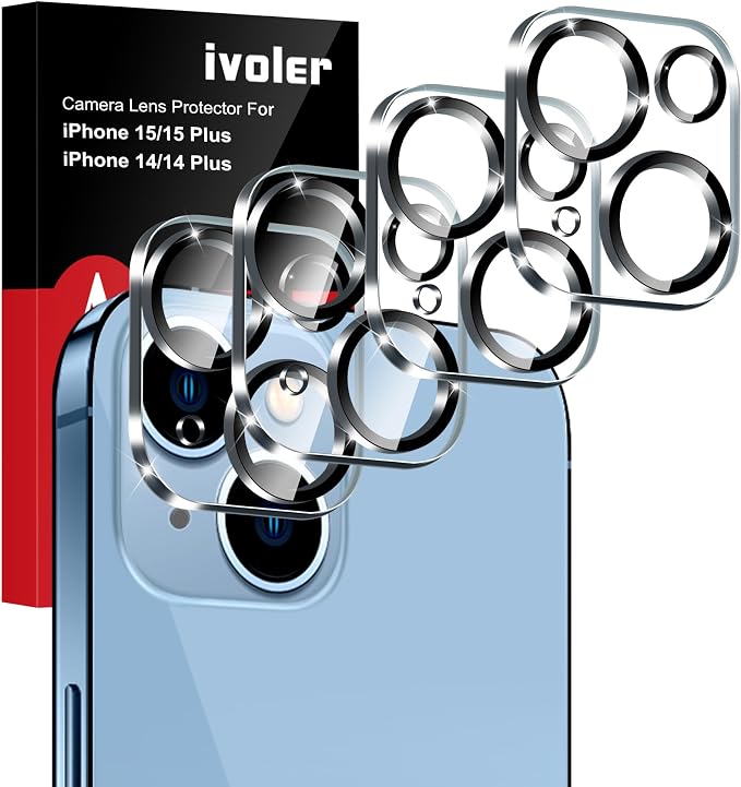 iVoler 4 Pezzi Pellicola Fotocamera per iPhone 14/iPhone 15/iPhone 14 Plus/iPhone 15 Plus, [Copertura Completa] Anti Graffio Camera Vetro Temperato Protezione Lente Pellicola, Durezza 9H, Senza Bolle