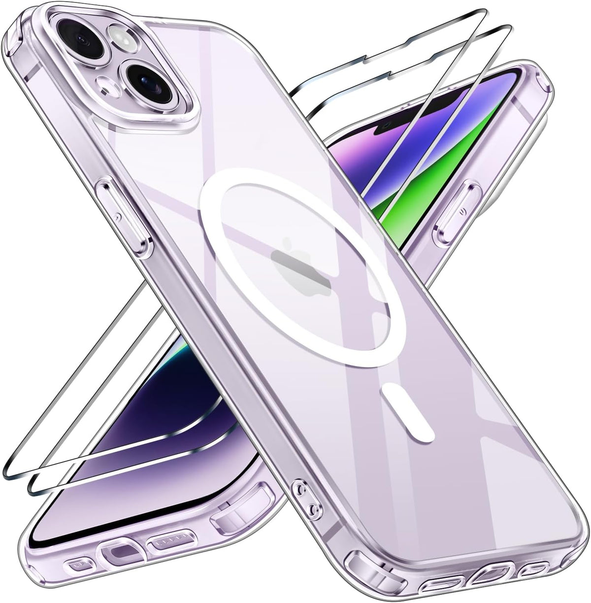 iVoler Magnetiskt fodral f?r iPhone 14 med 2 delar h?rdat glas, [Kompatibel med MagSafe] tunt skyddsfodral [anti-gulning] [milit?rklass] st?ts?ker, transparent