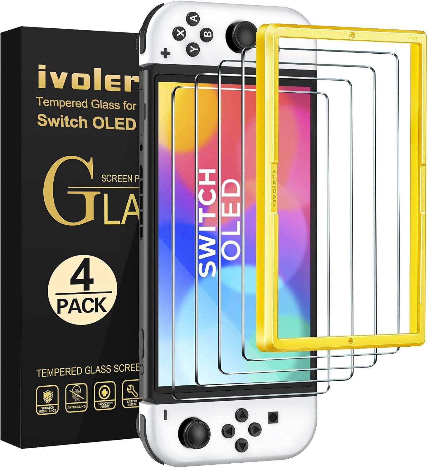 ivoler 4 St¨¹ck Panzer Schutz Glas Kompatibel f¨¹r Nintendo Switch OLED Modell 7 Zoll 2021 Modell, Schutzfolie Mit Positionierhilfe, 9H H?rte Schutzglas, Anti-Kratz, HD Klar, Anti-Bl?schen