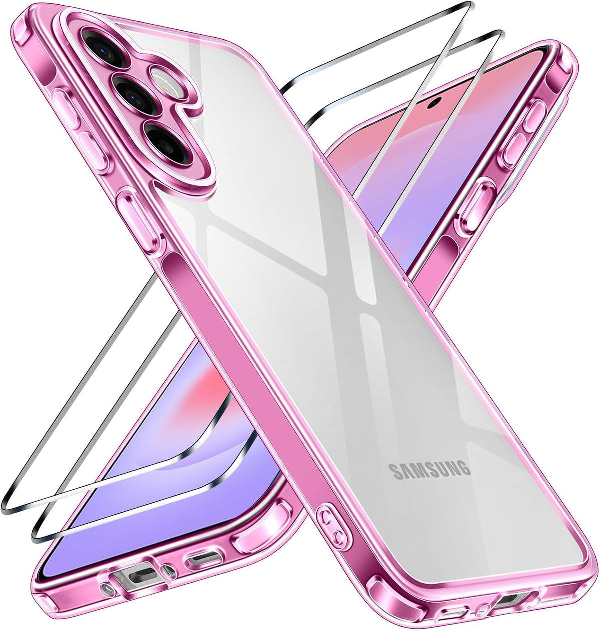 iVoler Genomskinligt anti-gulning fodral f?r Samsung Galaxy A37 5G med 2 stycken h?rdat glas, transparent st?td?mpande fodral f?r chockabsorption med st?td?mpande TPU-fodral - Rosa