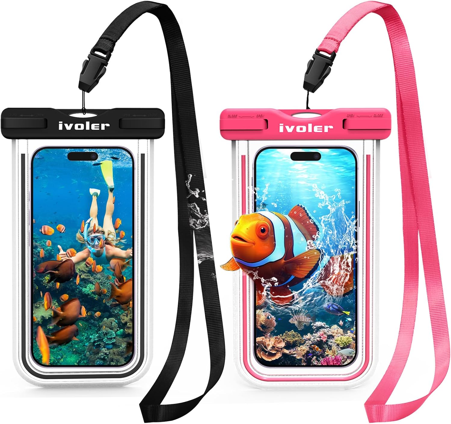 iVoler [2 Pezzi Custodia Impermeabile Smartphone IPX8, Sacchetto Impermeabile Cellulare fino a 7.0'', Universale Cover Subacquea per iPhone 17/16/15 Pro Max, Samsung Galaxy, Xiaomi (Nero+Rosa)