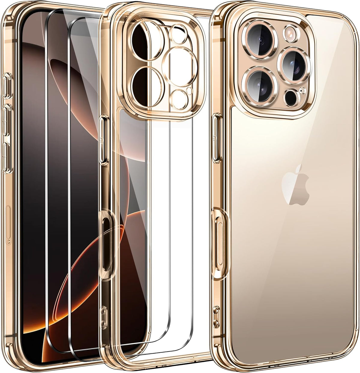 ivoler Clear Case Compatible with iPhone 16 Pro Max 6.9 inch, 1 Phone Case + 2 Tempered Glass Screen Protector, Non-Yellowing Military Shockproof Anti-Scratch Slim Phone Case Cover- Desert Titanium