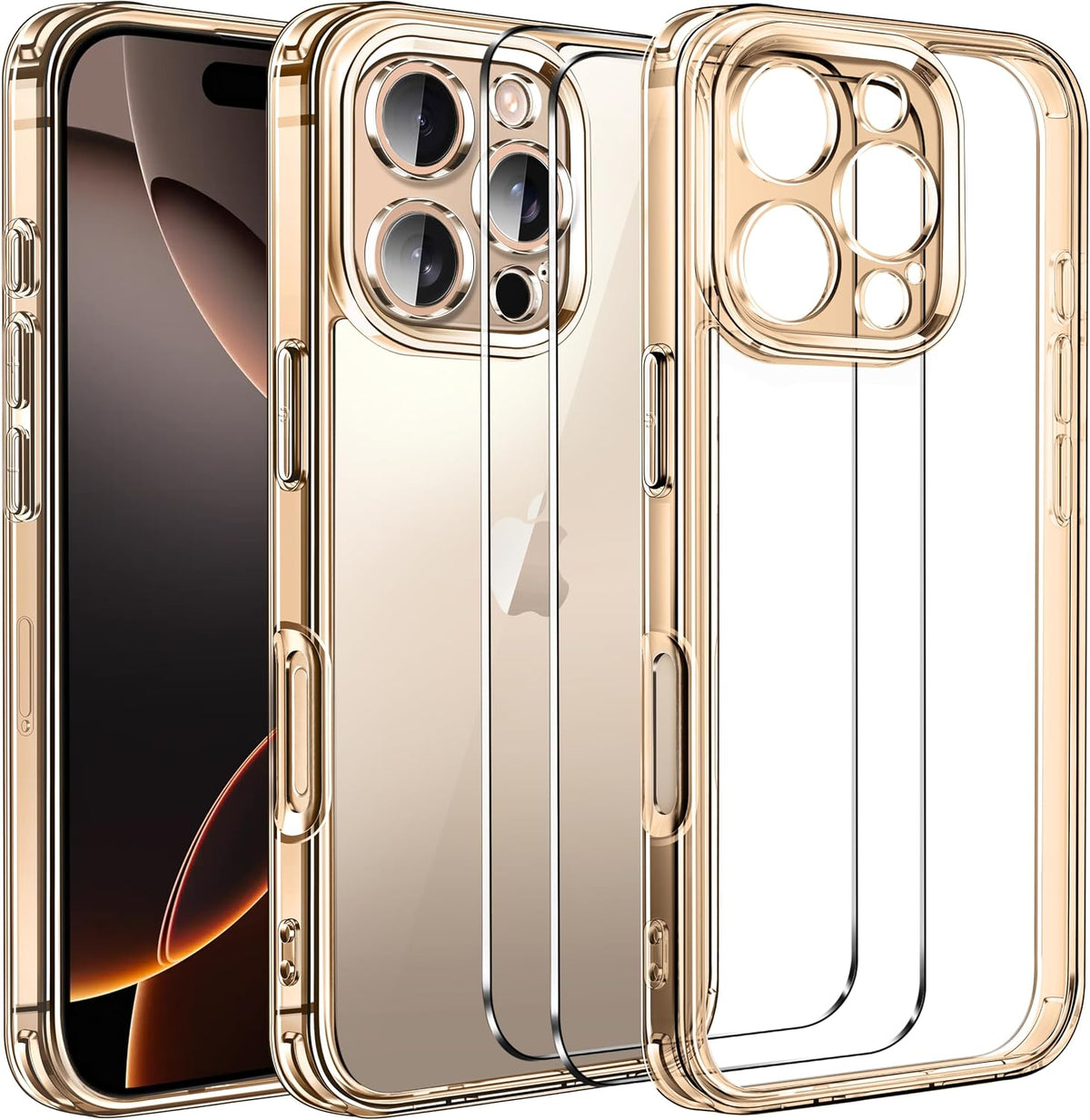 ivoler Clear Case Compatible with iPhone 16 Pro 6.3 inch, 1 Phone Case + 2 Tempered Glass Screen Protector, Non-Yellowing Military Shockproof Anti-Scratch Slim Phone Case Cover- Desert Titanium