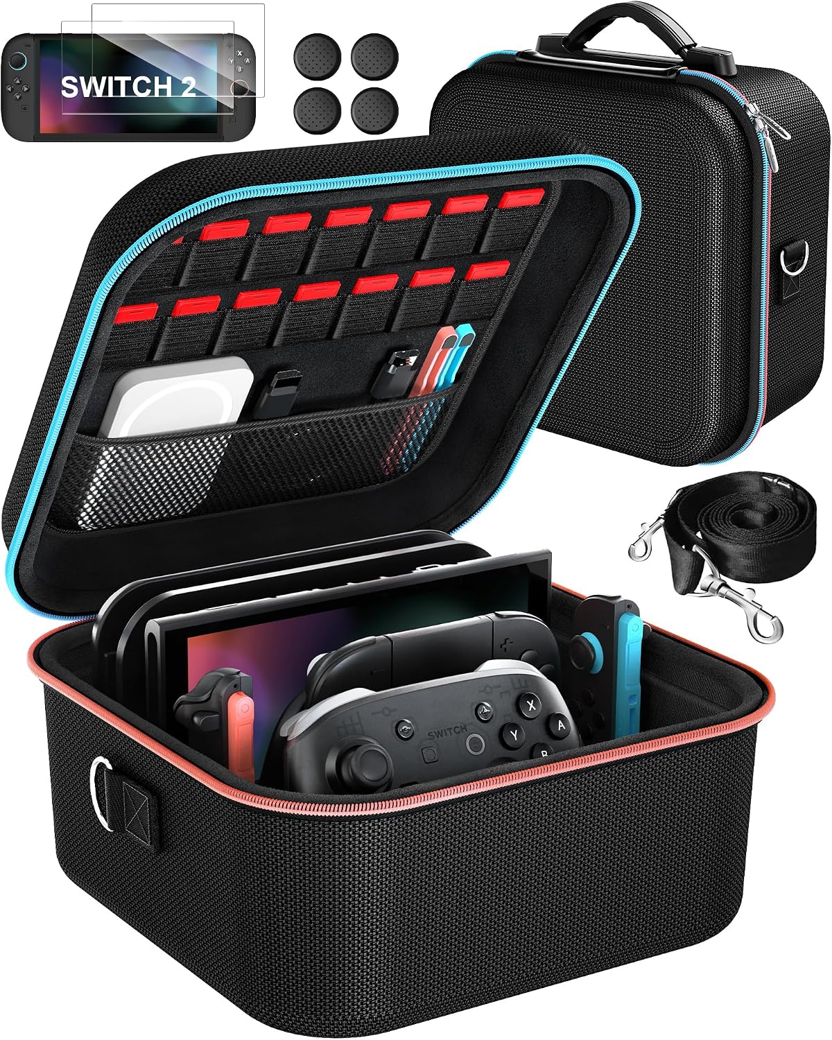 Etui ivoler kompatybilne z konsol? Nintendo Switch 2 (2025), twarda obudowa z foli? ochronn? ekranu i uchwytami na kciuki, na 20 kartrid?y z gr? i w zestawie pasek (czarne) [Nintendo Switch 2]