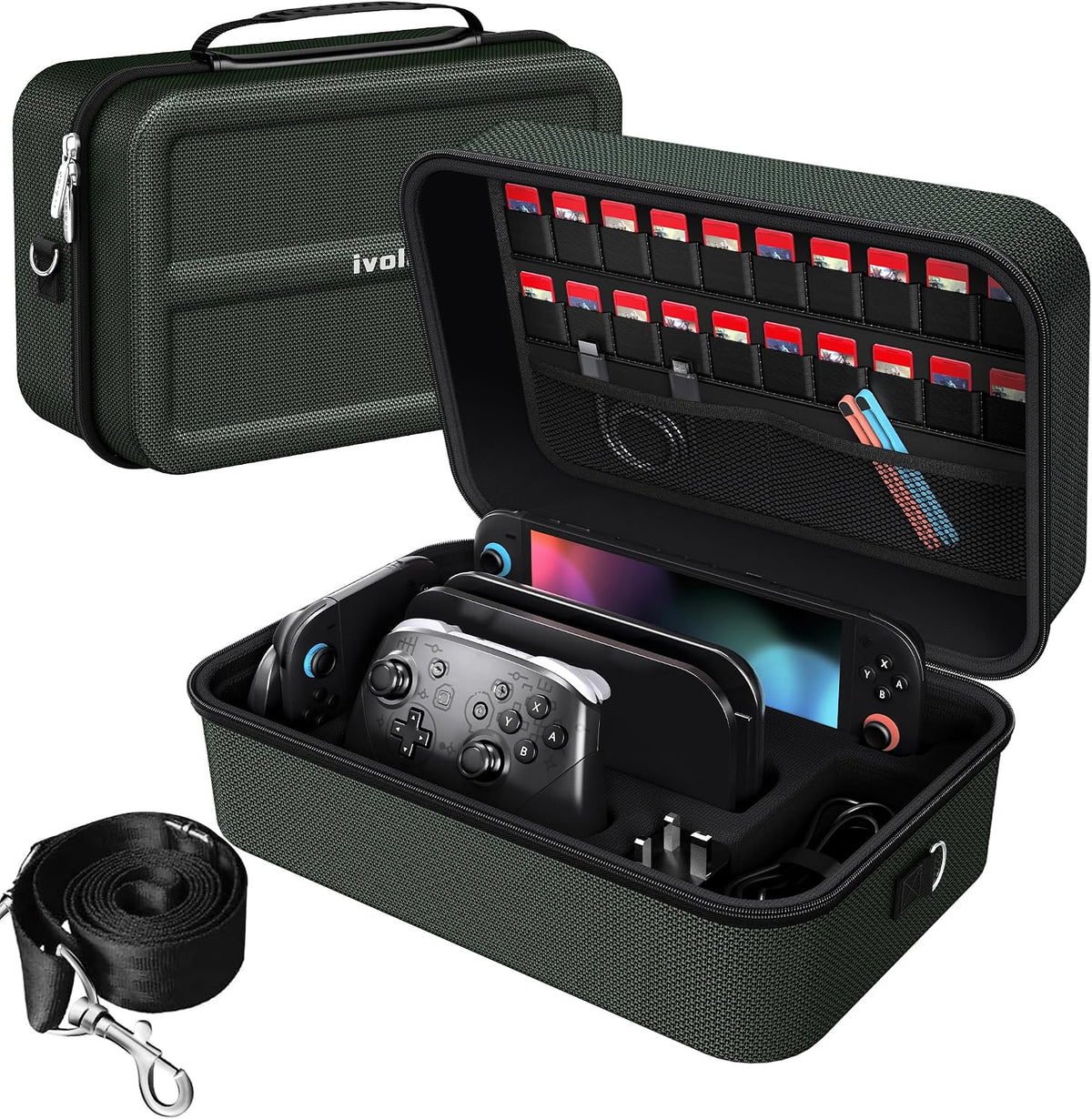 ivoler Carrying Storage All in One Case for Nintendo Switch 2 (2025),Portable Travel All Protective Hard Messenger Bag Soft Lining 20 Games for Switch 2 Console Pro Controller Accessories Army Green