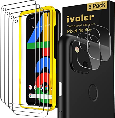 [6 Pack] iVoler [4 Pack]Tempered Screen Protector for Pixel 4a 4G with [2 Pack]Camera Lens Protector Tempered Glass with [Alignment Frame Easy Installation],HD Clear Anti-Scratch Film,5.8 inch