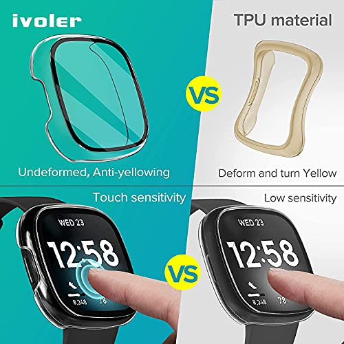 [4 Pack] iVoler Screen Protector Case for Fitbit Sense/Versa 3, Hard PC with Tempered Glass Screen Protector Bumper Cover Sensitive Touch Full Coverage Protective Case for Sense/Versa 3 Smart Watch