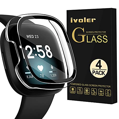 [4 Pack] iVoler Screen Protector Case for Fitbit Sense/Versa 3, Hard PC with Tempered Glass Screen Protector Bumper Cover Sensitive Touch Full Coverage Protective Case for Sense/Versa 3 Smart Watch