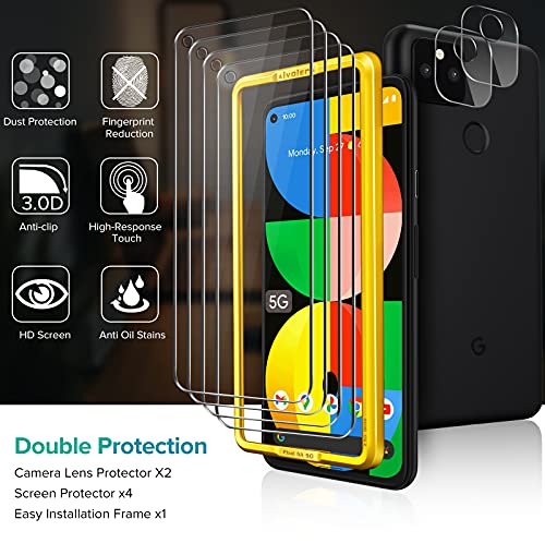 [6 Pack] iVoler Tempered Glass Screen Protector for Google Pixel 5a 5G 2021 [4 Pack] (Not for Pixel 5) with [2 Pack]Camera Lens Protector Tempered Glass with [Alignment Frame], HD Clear Anti-Scratch