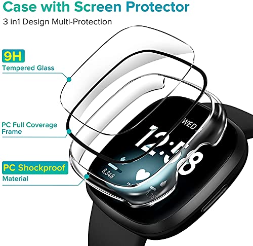 [4 Pack] iVoler Screen Protector Case for Fitbit Sense/Versa 3, Hard PC with Tempered Glass Screen Protector Bumper Cover Sensitive Touch Full Coverage Protective Case for Sense/Versa 3 Smart Watch