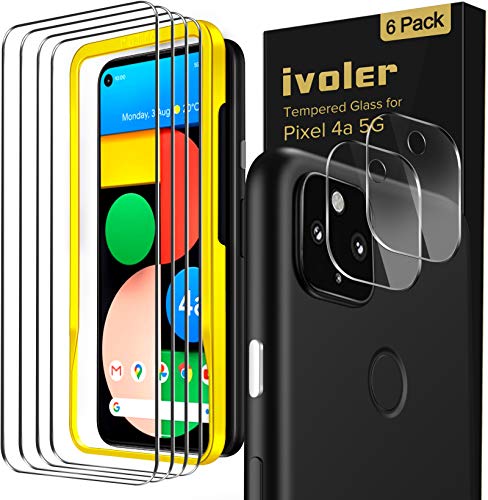 [6 Pack] iVoler [4 Pack]Tempered Screen Protector with [2 Pack]Camera Lens Protector Tempered Glass for Google Pixel 4a 5G with [Alignment Frame Easy Installation],HD Clear Anti-Scratch Film,6.2 inch