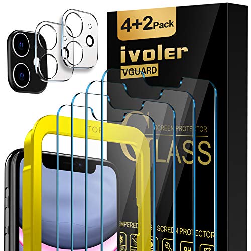 iVoler [4 Unidades] Protector de Pantalla para iPhone XR y iPhone 11 con Ayuda de posicionamiento, [2 Pack] Protector de lente de cámara para iPhone 11, Cristal Vidrio Templado [Doble protección]