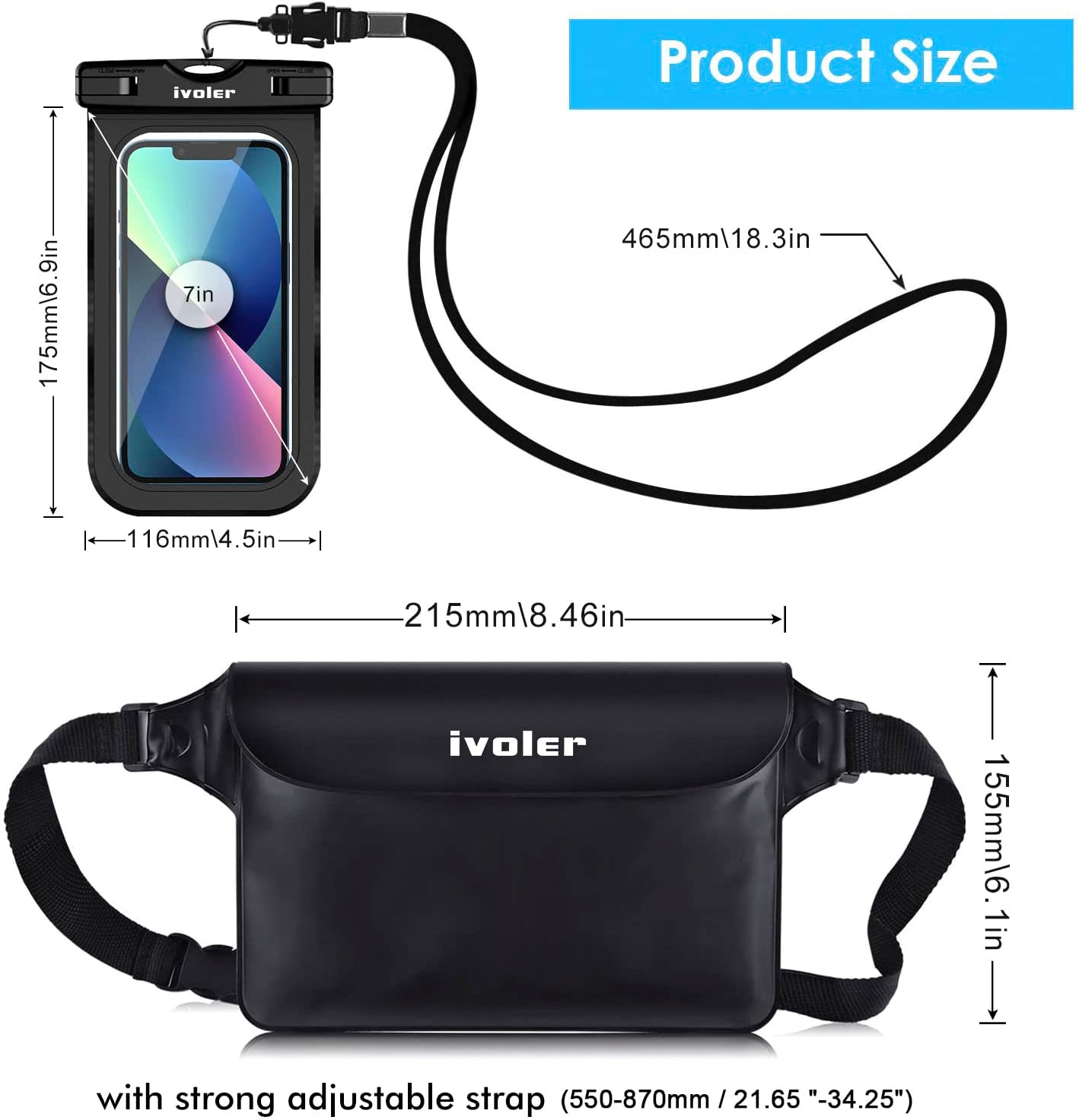 ivoler 2 en 1 Kit Étanche Sac Étanche avec Pochette Étanche Téléphone, Etui Pochette Imperméable à Ceinture avec Housse Étanche Smartphones pour Camping Nautique Kayak Pêche Rafting Natation-Noir