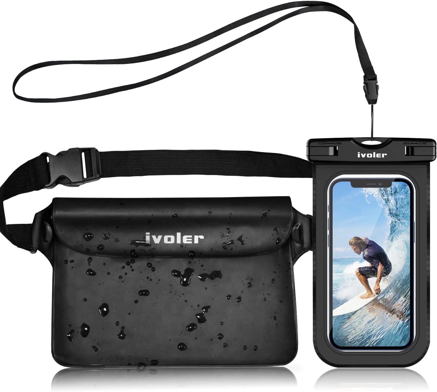 ivoler 2 en 1 Kit Étanche Sac Étanche avec Pochette Étanche Téléphone, Etui Pochette Imperméable à Ceinture avec Housse Étanche Smartphones pour Camping Nautique Kayak Pêche Rafting Natation-Noir