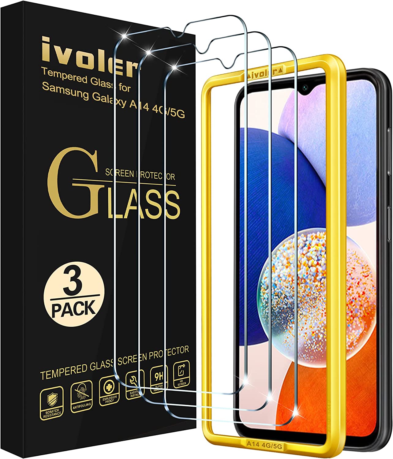 ivoler 3 Pack Screen Protector Tempered Glass for Samsung Galaxy A14