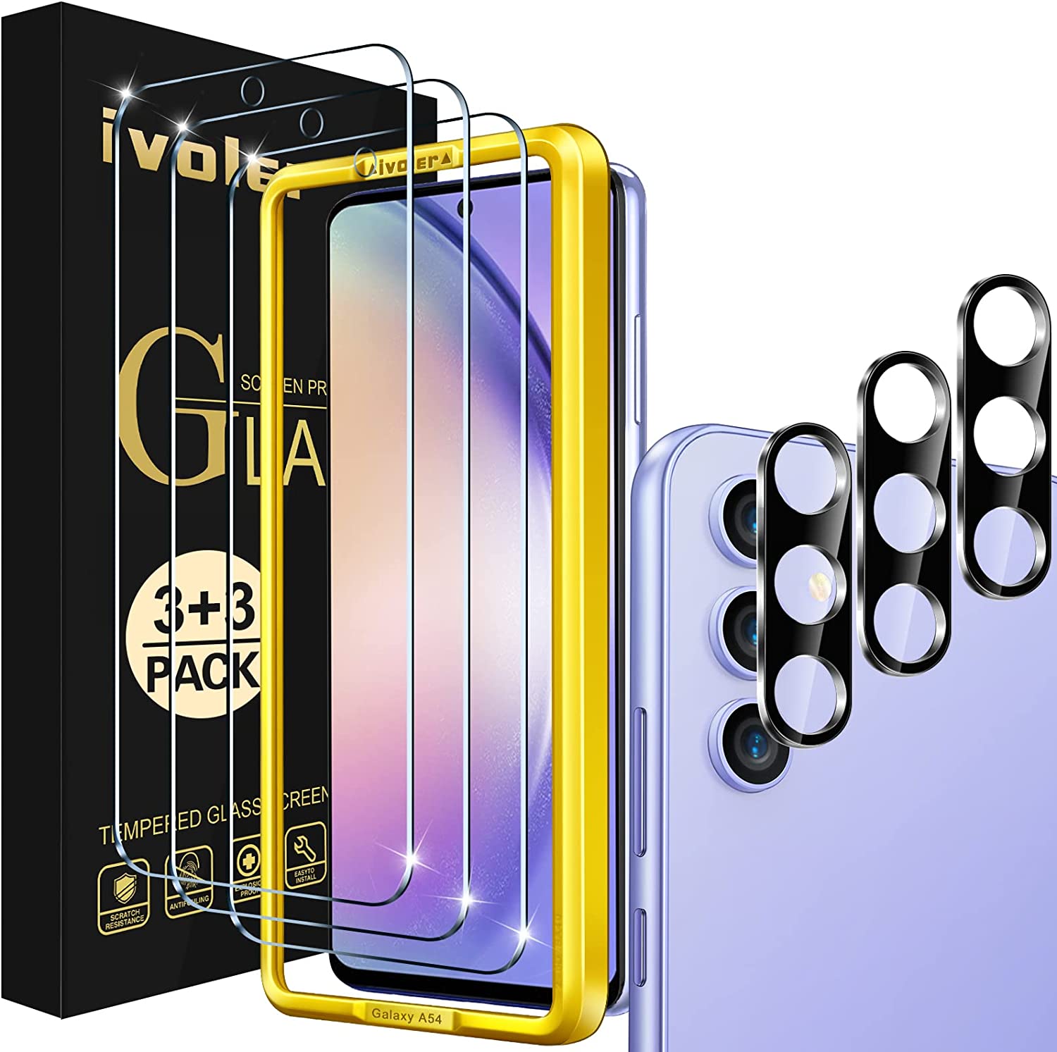 ivoler 3 Piezas Protector de Pantalla para Samsung Galaxy A54 5G con 3 Piezas Protector de Lente de Cámara y Marco de Instalación