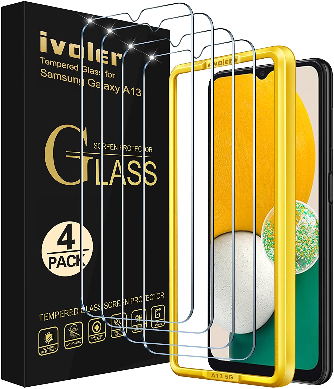 [4 Pack] iVoler Screen Protector Tempered Glass for Samsung Galaxy A13 5G(6.5 inch) With [Easy Installation Frame] 9H Hardness Anti Scratch, Bubble Free
