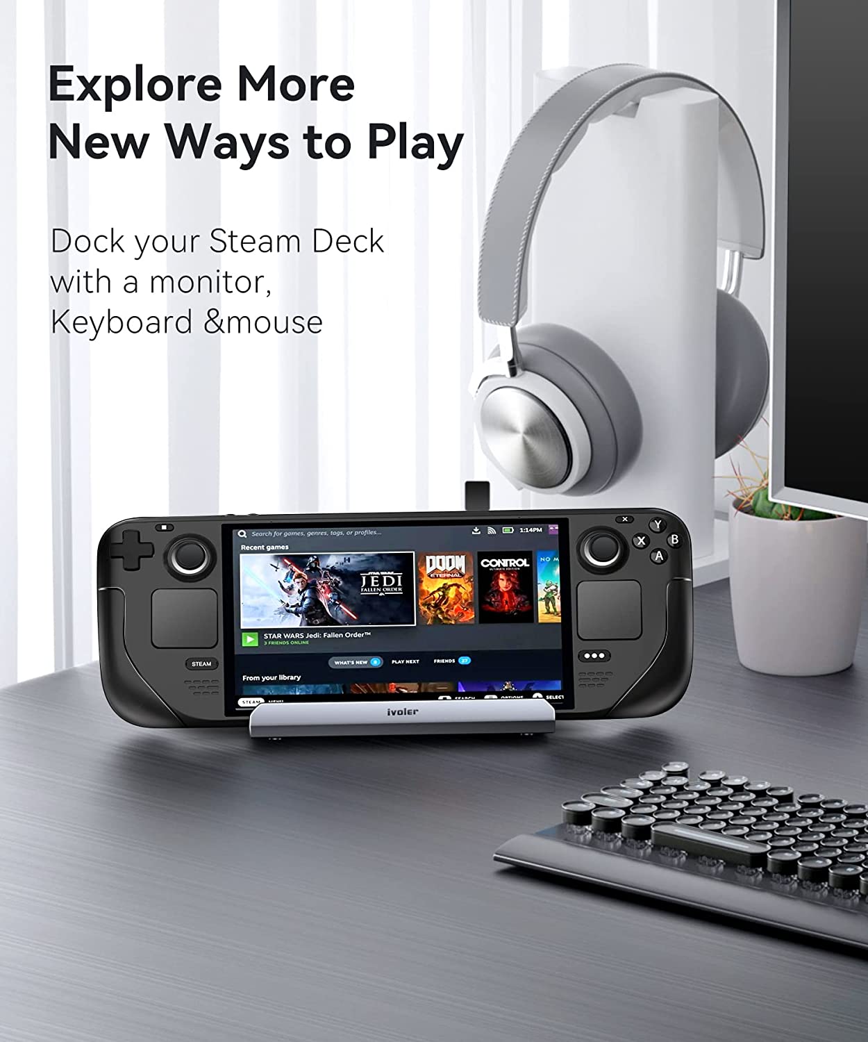 Docking Station Supporter, ivoler 6-en-1 Aluminium Steam Deck Dock, USB-C Hub avec HDMI 2.0 4K@60Hz, Ethernet 1000M, Triple USB 3.0 et Port PD 3.0, Station d'accueil Conçu pour Valve Steam Deck