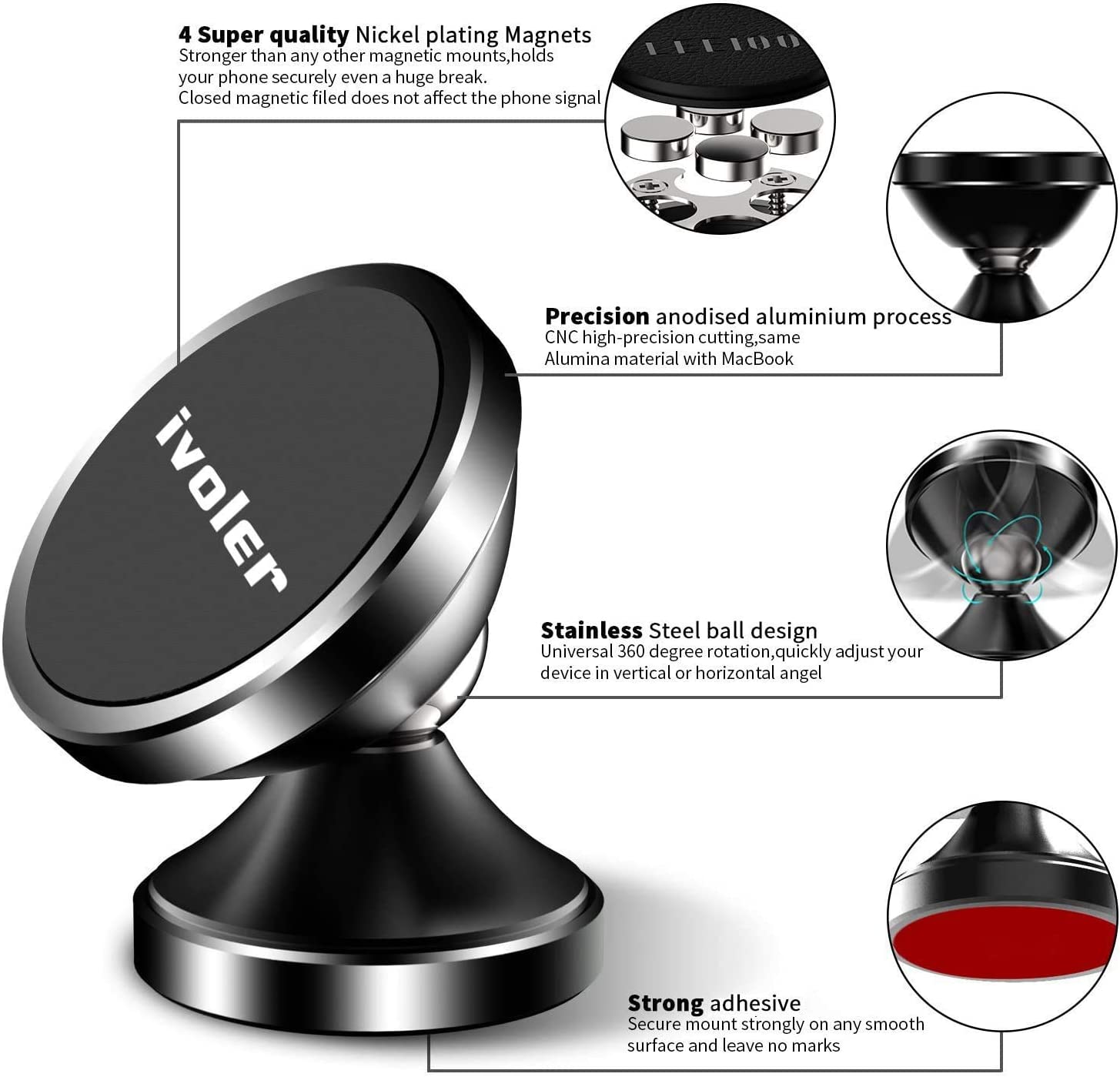 ivoler Support Telephone Voiture, [Lot de 2] Porte Téléphone Voiture Universel 360° Rotation, Magnetique Portable Aimant Adhésif pour Smartphone, Compatible pour Phones ou appareils GPS-Noir