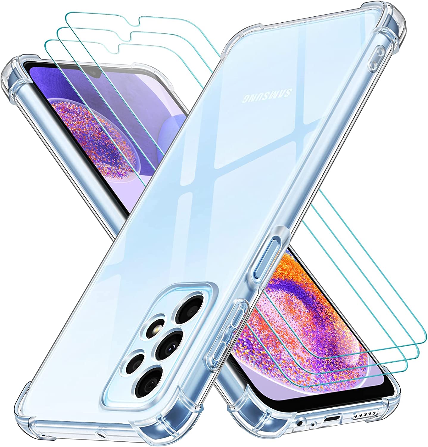 iVoler Cover per Samsung Galaxy A23 5G, Antiurto Custodia con Paraurti in TPU Morbido e 3 Pezzi Pellicola Vetro Temperato
