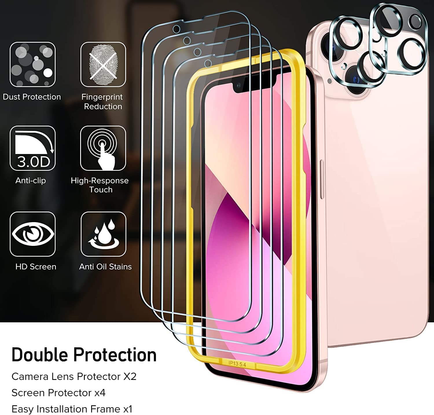 ivoler 4 Units Screen Protector Compatible with iPhone 13 with Easy Installation Frame and 2 Units Camera Lens Protector