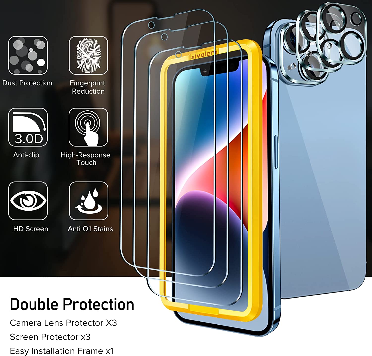 [3+3 Pack] iVoler Tempered Glass for iPhone 14 6.1 inch [3 Pack] with [3 Pack] Camera Lens Screen Protector