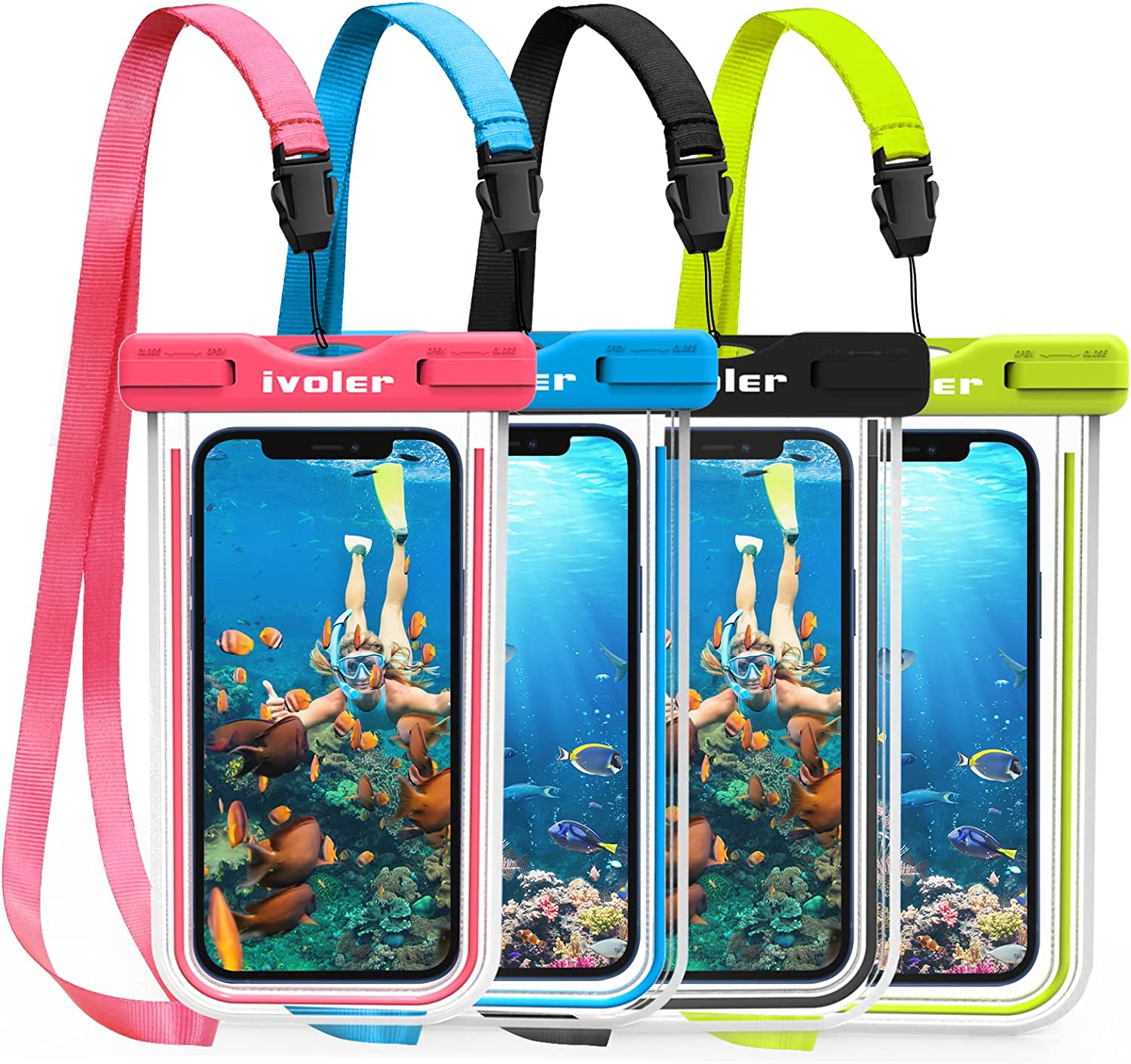 ivoler Waterproof Phone Pouch, 4-Pack IPX8 Universal Fluorescent Design Waterproof Case Dry Bag